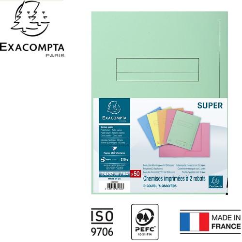 Chemise 3 rabats Exacompta, ft A4, couleurs assorties, paquet de